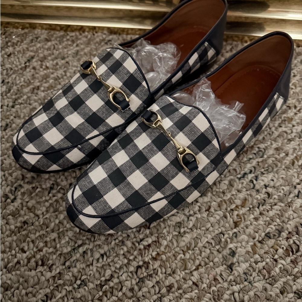 Coach Navy and White checked Loafers with Gold Detail